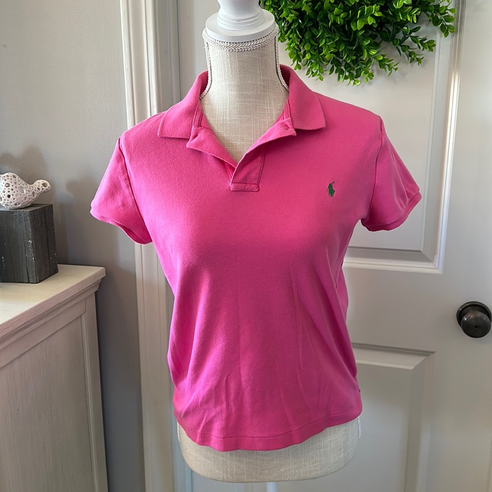 Size L Ralph Lauren Sport slim fit shirt pink with green pony defect as shown